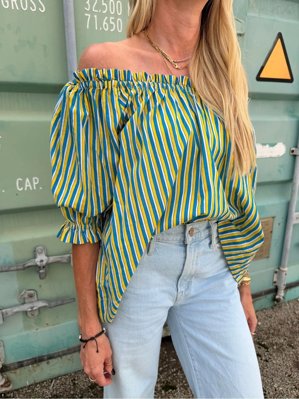 Sur La Vague SLV Remy Tempo Blouse in Blue & Yellow- retail $135